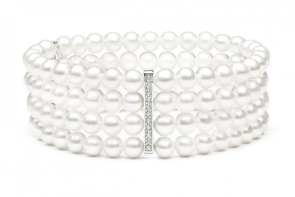 Elegantes Perlenarmband 4-reihig weiß rund 6-7 mm und Zirkonia, 19cm, Gaura Pearls, Estland